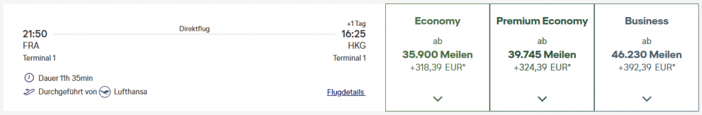 Award Flight FRA HKG Business Class Miles More Lufthansa