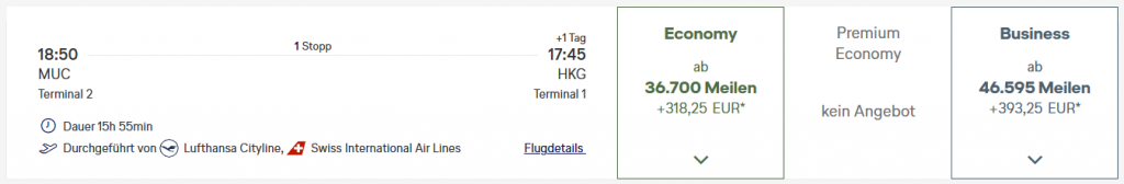 Award Flight MUC HKG Business Class Miles More SWISS