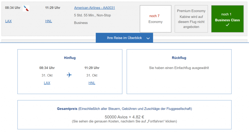 BA Club Award Flight LAX HNL American Airlines 2025