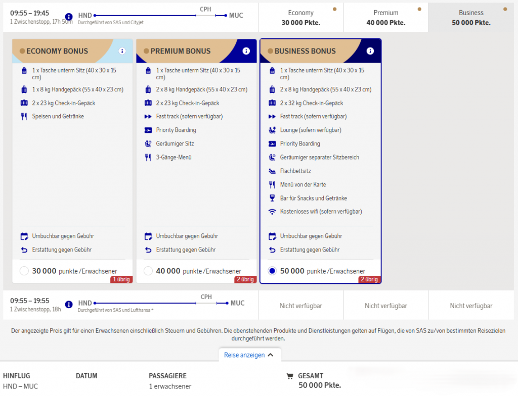 EuroBonus Award Flight HND CPH MUC Business SAS 