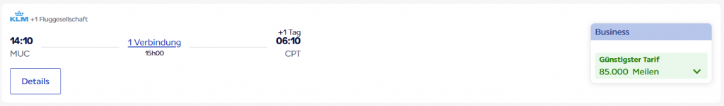 Flying Blue Award Flight MUC CPT Business Class KLM 2025