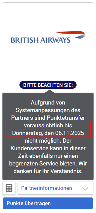 Amex Transfer VFP Hinweis British Airways Club November 2025