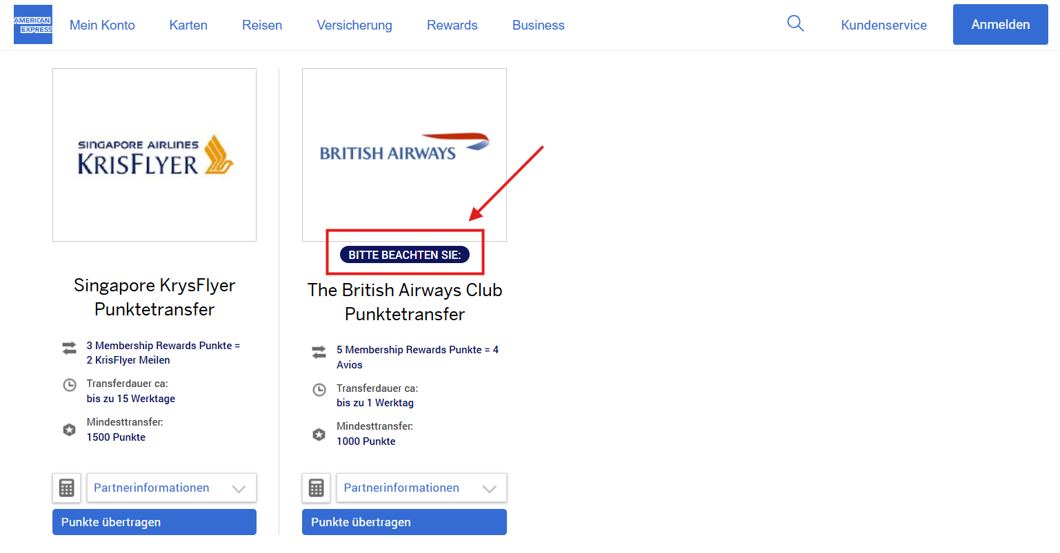 Amex Transfer VFP Hinweise British Airways November 2025