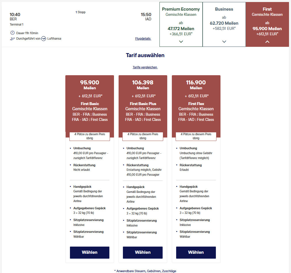 Award Flight BER IAD First Class Miles More 
