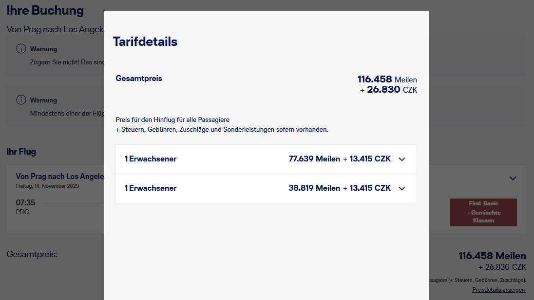 Award Flight Lufthansa PRG LAX First Class Miles More Companion
