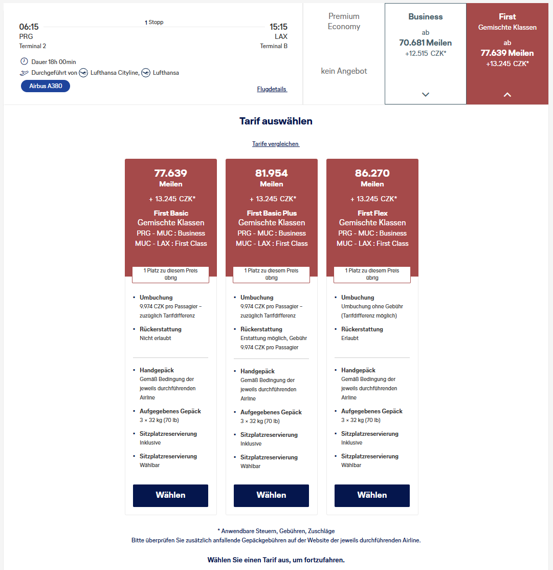 Award Flight Lufthansa PRG LAX First Class Miles More Tarife