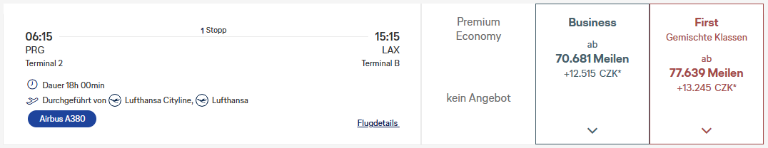 Award Flights Lufthansa PRG LAX First Class 