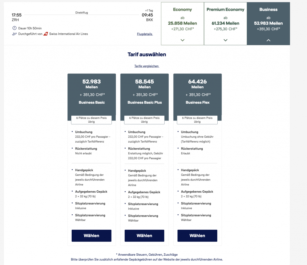 Award Flight Swiss ZRH BKK Business Class Miles More Tarif
