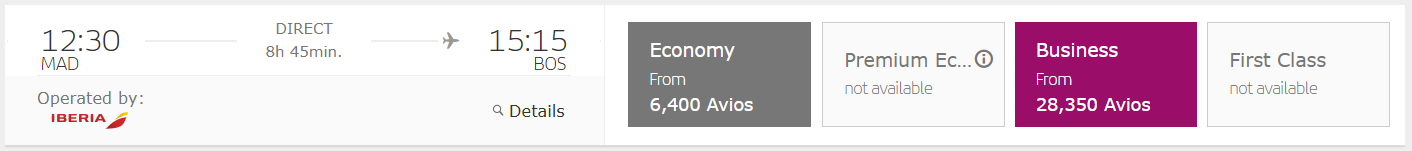 Iberia MAD BOS Award Flight Business Class Flash Sale