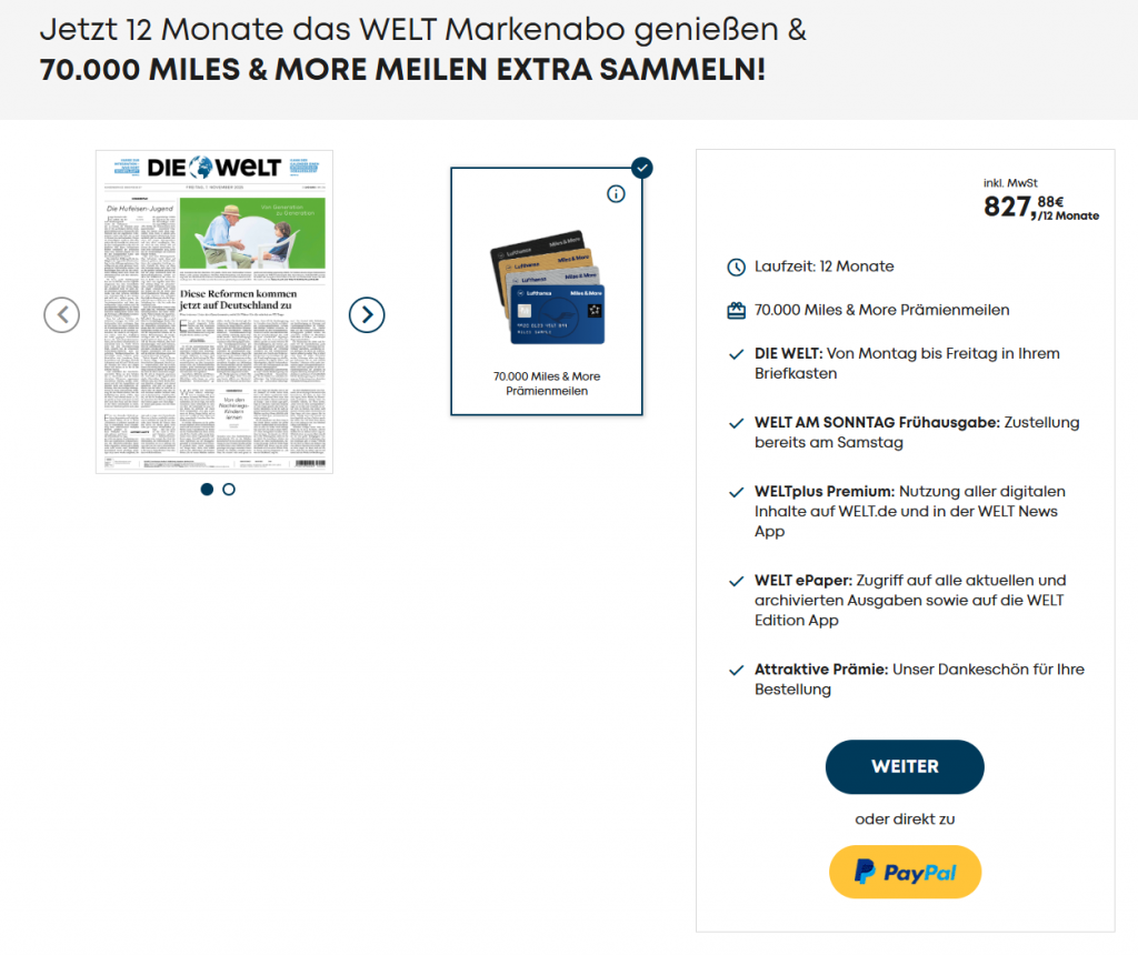 WELT Markenabo Miles More Deal November 2025