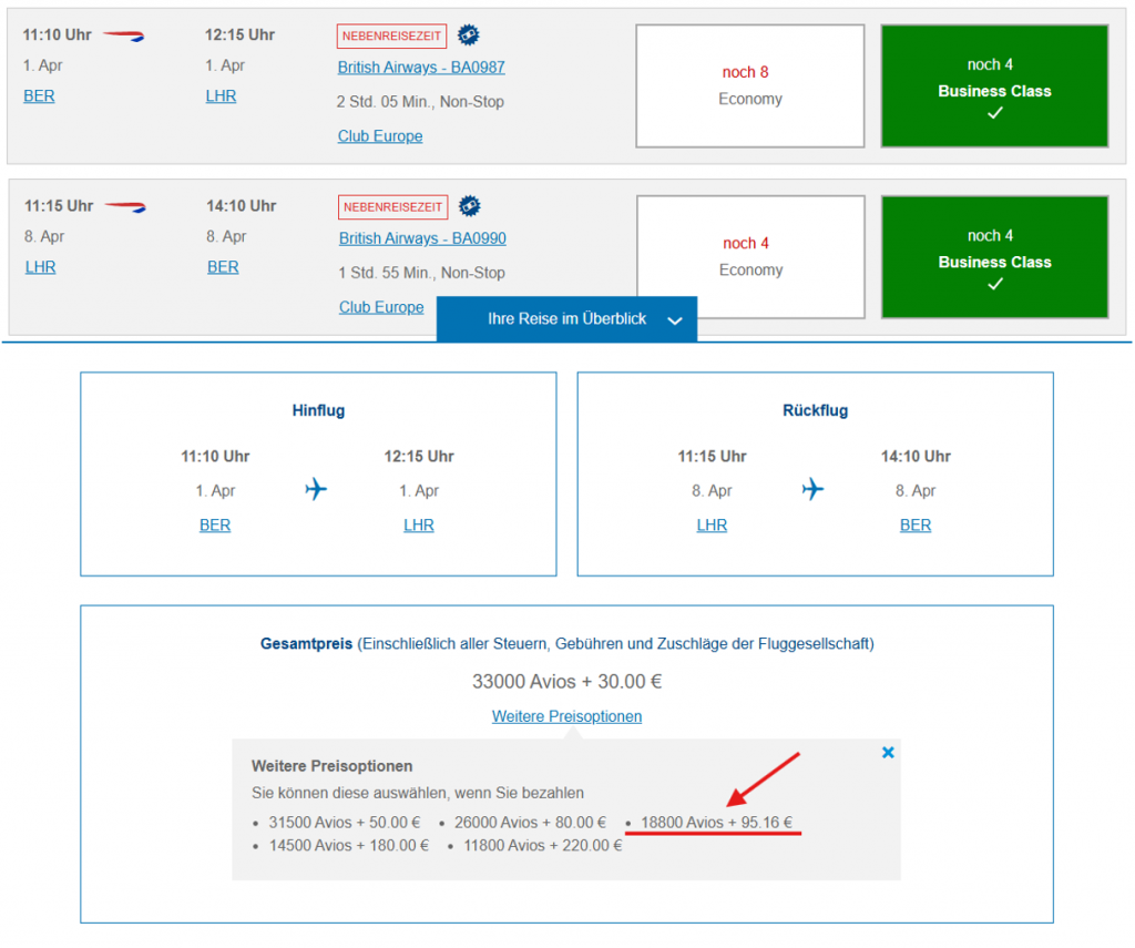 BA Award Flight BER LHR Business Class British Airways Reward Flight Saver Update