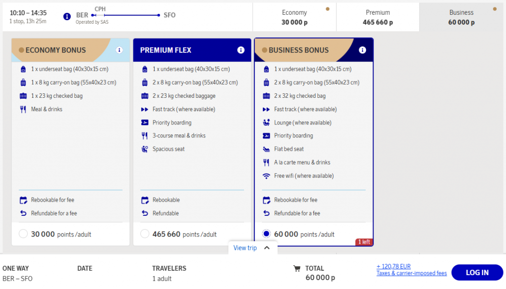 EuroBonus Award Flight BER SFO Business SAS Update