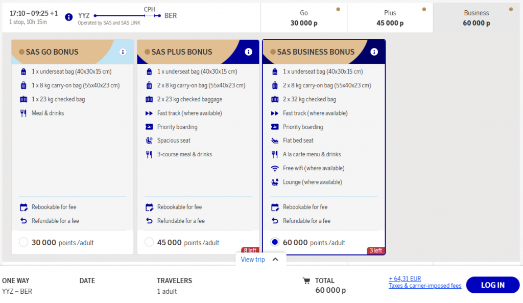 EuroBonus Award Flight YYZ BER Business SAS