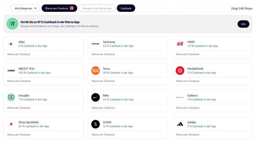 Klarna Cashback Shopping Ueberblick