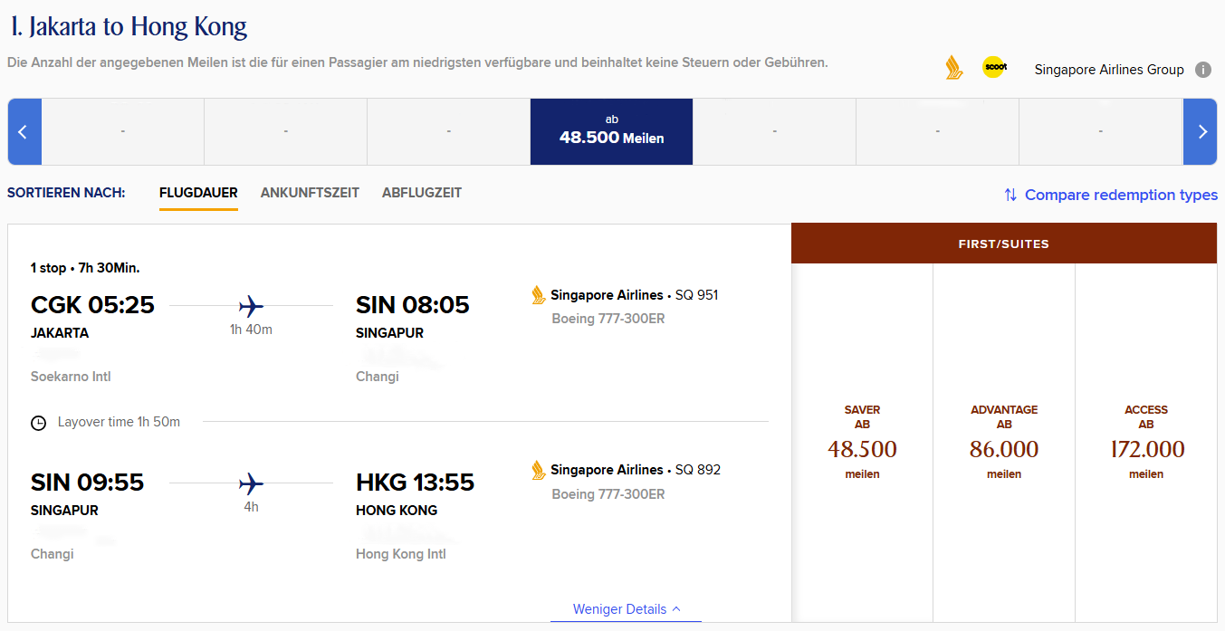 KrisFlyer Award CGK SIN HKG First Class Singpore Airlines SQ