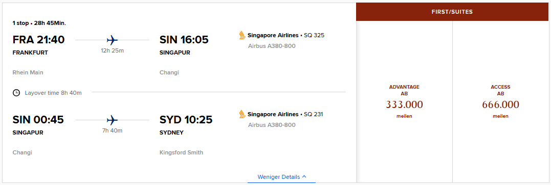 KrisFlyer Award Flight FRA SIN SYD Suites First Class SQ Update