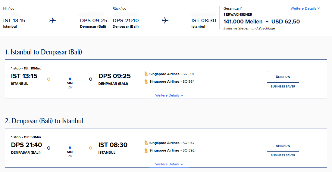 KrisFlyer Award Flight IST SIN DPS SIN IST Business Class Singapore Airlines Update