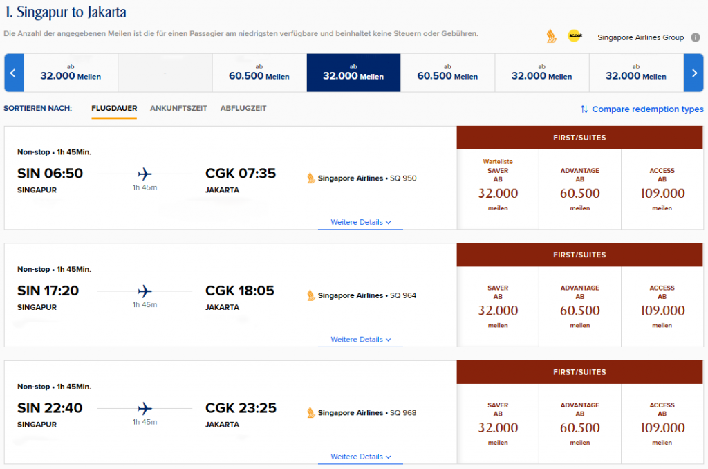 KrisFlyer Award Flight SIN CGK First Class Singapore Airlines 777 300 Update
