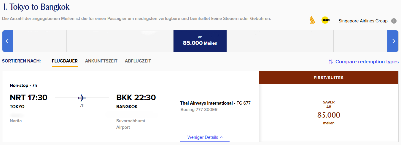 KrisFlyer Award Search NRT BKK First Class Thai Airways Update