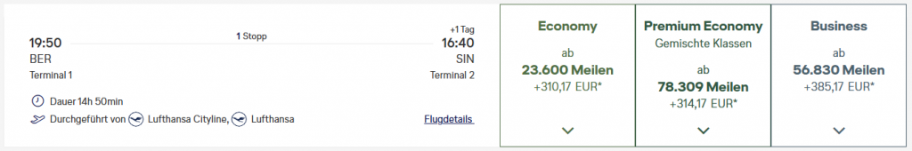 Miles More Award FLight BER SIN Business Class Lufthansa