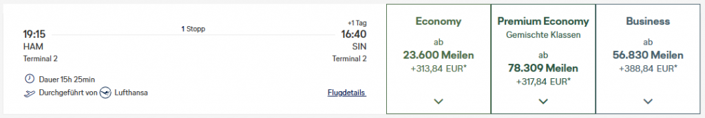 Miles More Award FLight HAM SIN Business Class Lufthansa