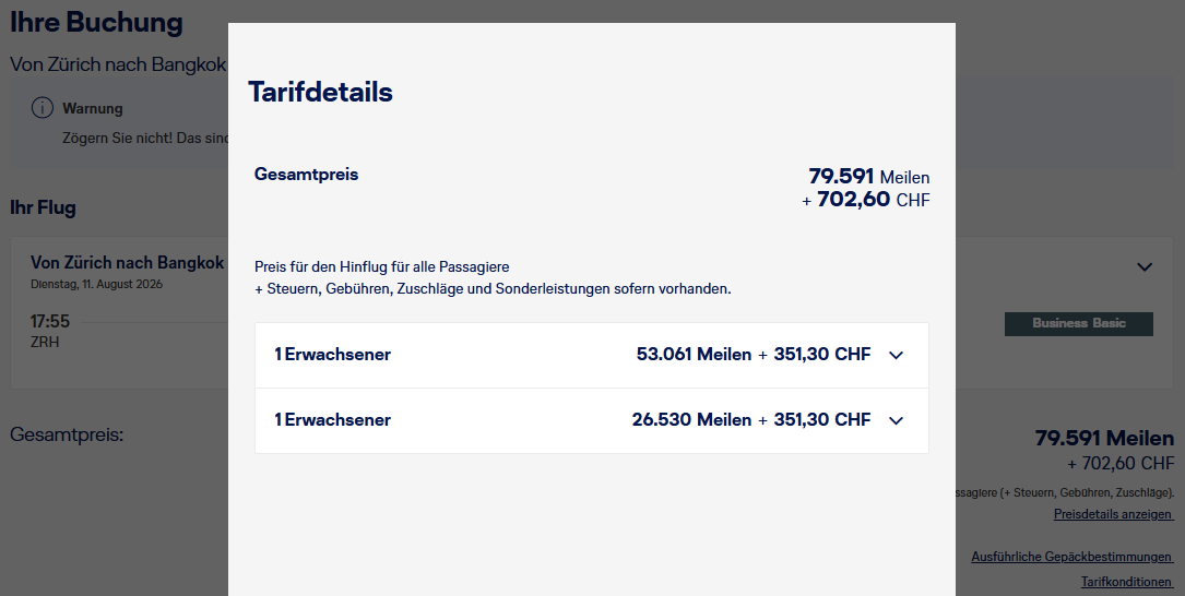 Miles More Award Flight ZRH BKK Business Class Swiss Companion
