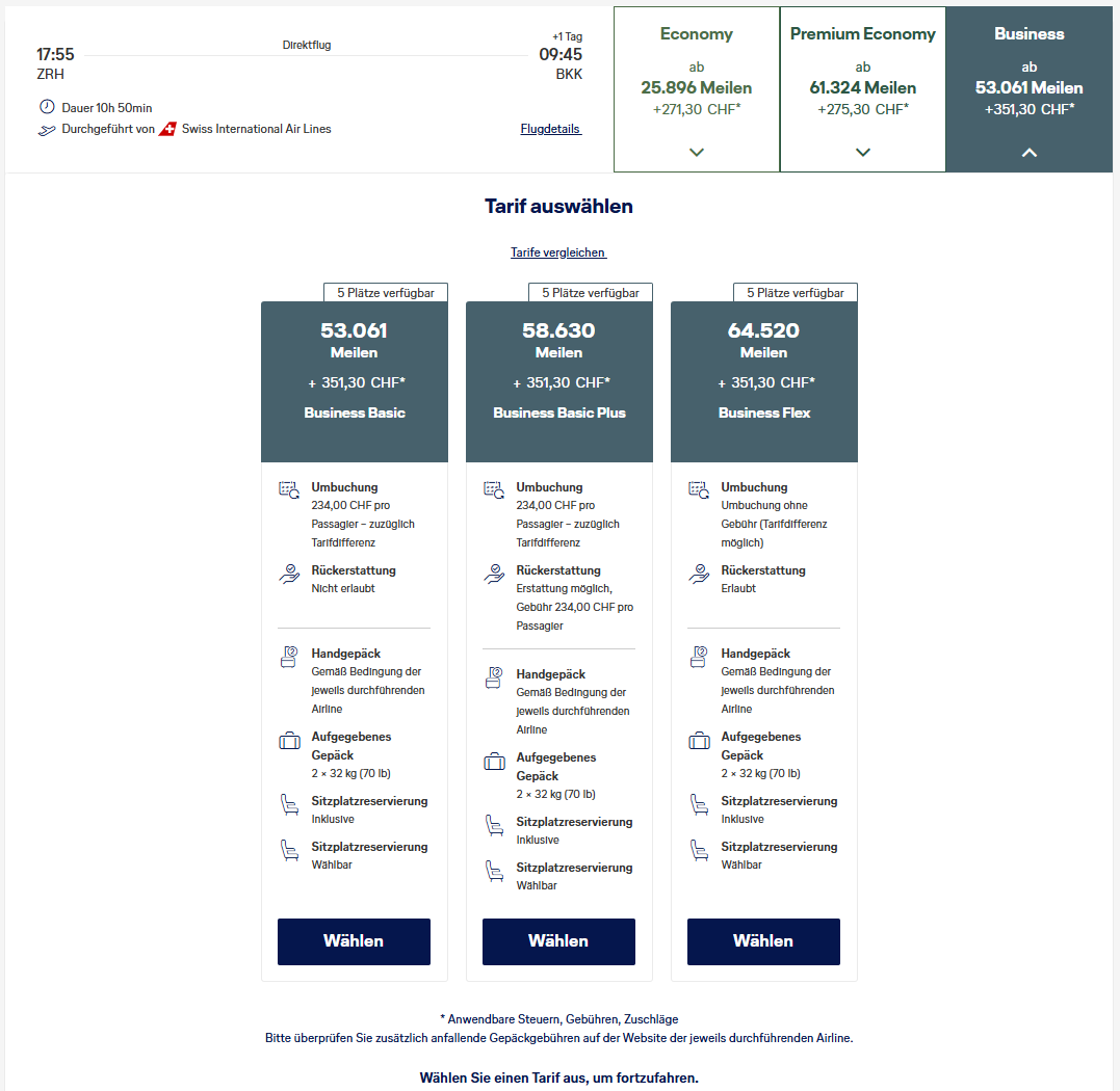 Miles More Award Flight ZRH BKK Business Class Swiss Tarife