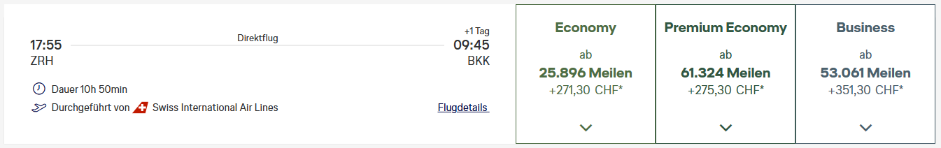 Miles More Award Flight ZRH BKK Business Class Swiss