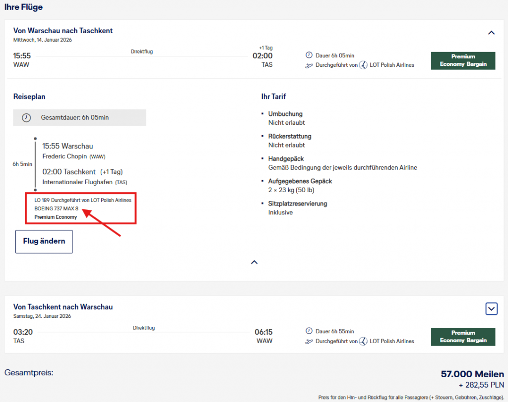 Miles More MS LOT WAW TAS PremEco Info Boeing 737MAX 8