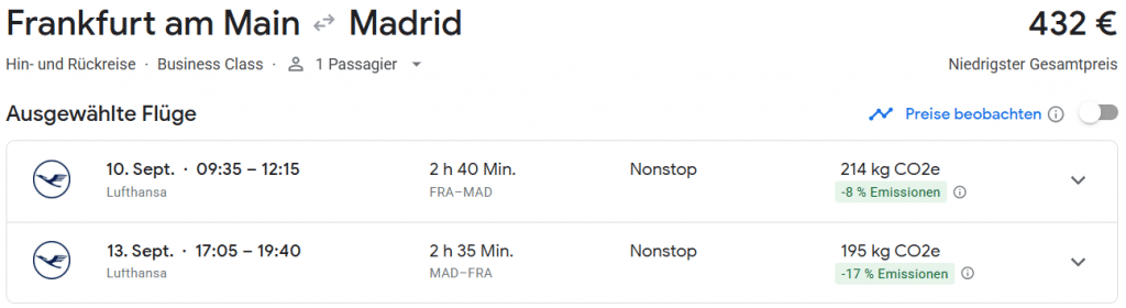 Screenshot Lufthansa Buchung Business Class Frankfurt Madrid