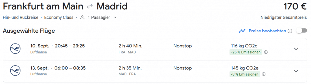 Screenshot Lufthansa Buchung Economy Class Frankfurt Madrid