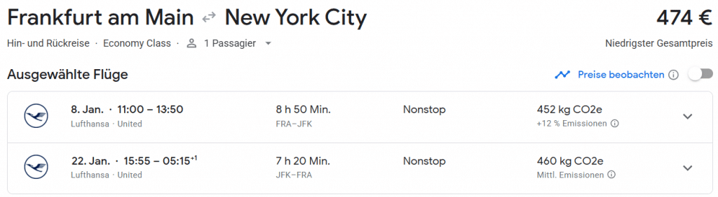 Screenshot Lufthansa Buchung Economy Class Frankfurt New York