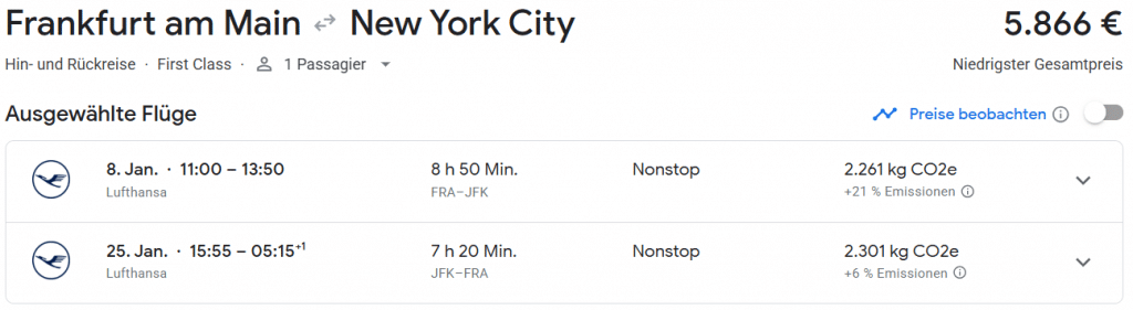Screenshot Lufthansa Buchung First Class Frankfurt New York 1