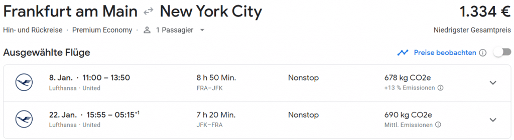 Screenshot Lufthansa Buchung Premium Economy Class Frankfurt New York