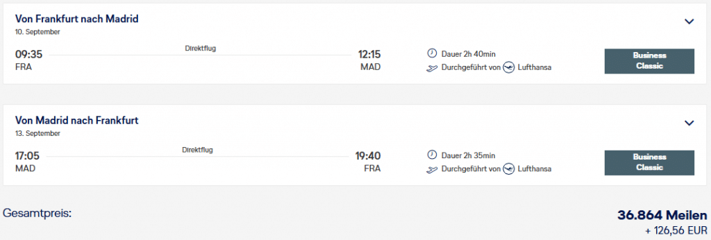 Screenshot Miles More Einloesung Business Class Frankfurt Madrid