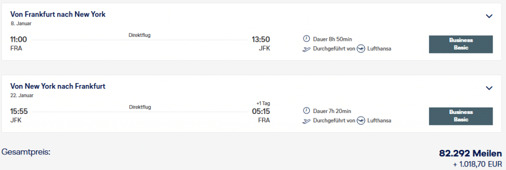 Screenshot Miles More Einloesung Business Class Frankfurt New York