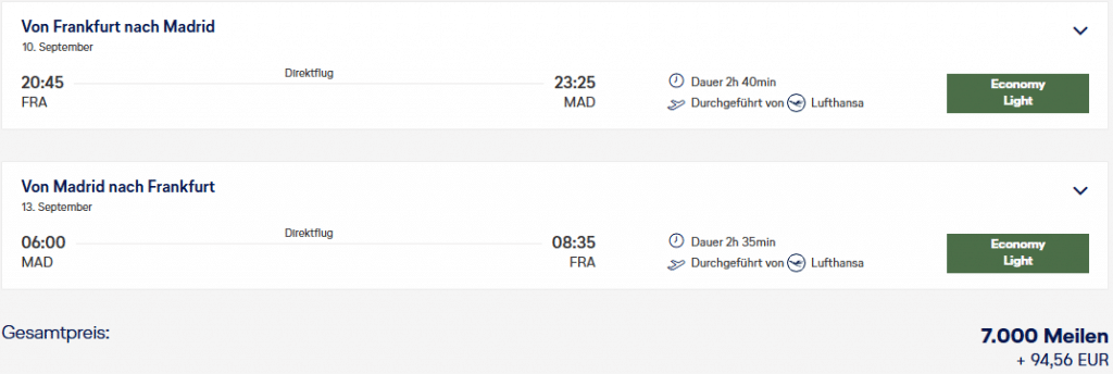 Screenshot Miles More Einloesung Economy Class Frankfurt Madrid