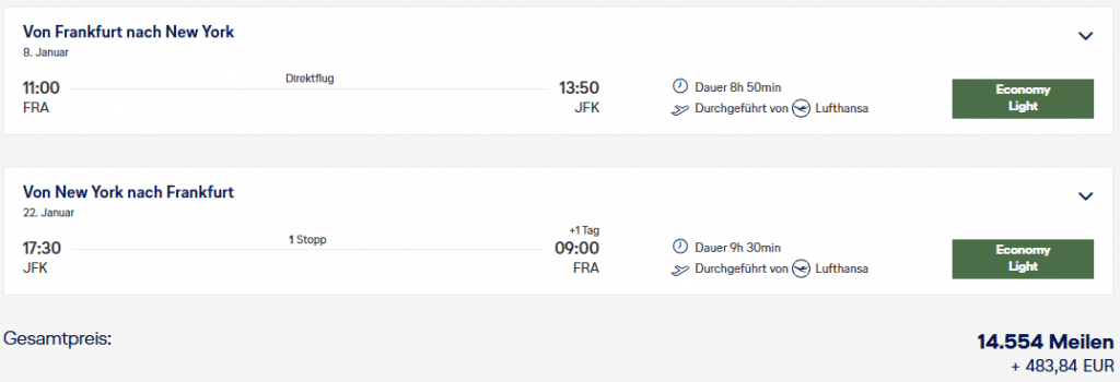 Screenshot Miles More Einloesung Economy Class Frankfurt New York