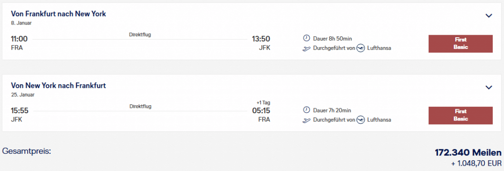 Screenshot Miles More Einloesung First Class Frankfurt New York