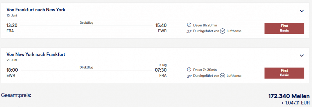 Screenshot Miles More Einloesung First Class Frankfurt Newark