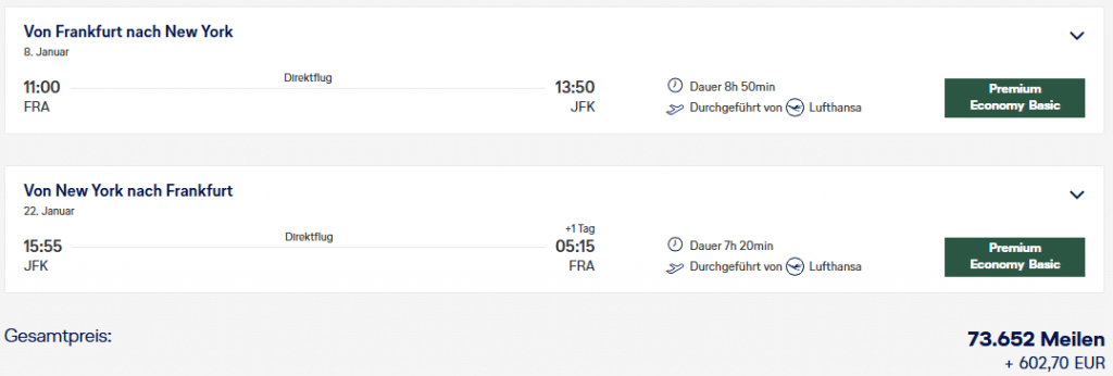 Screenshot Miles More Einloesung Premium Economy Class Frankfurt New York