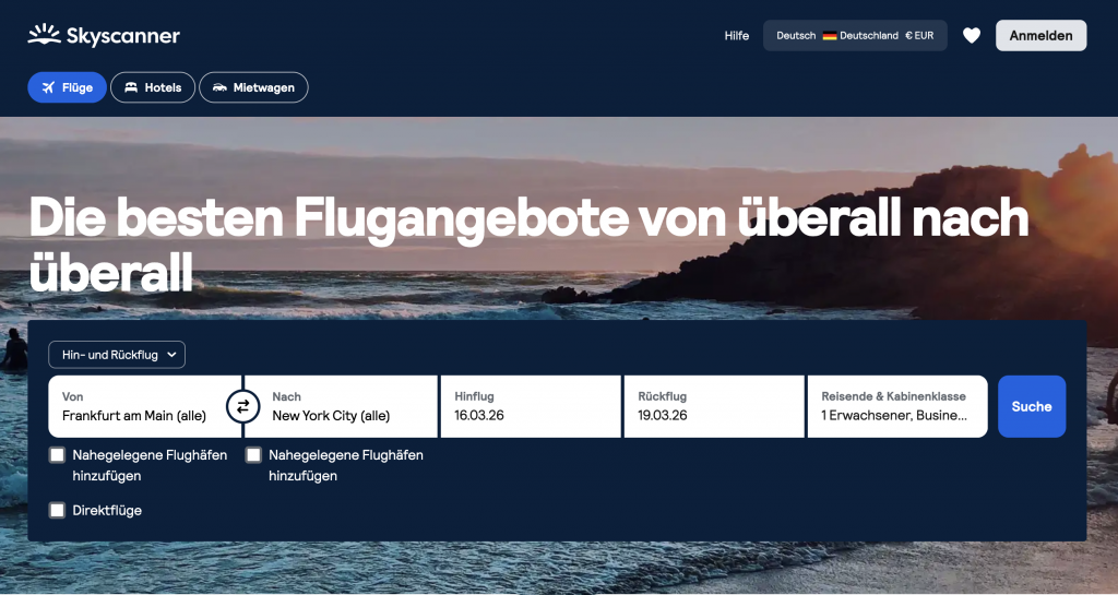 Skyscanner Suchleiste