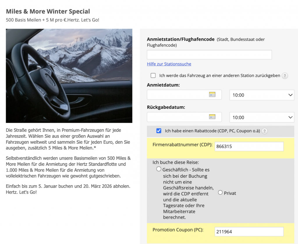 Hertz Interface der Promotion
