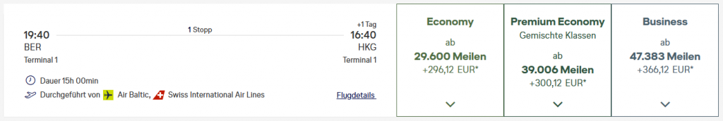 Award Flight BER HKG Business Class Miles More SWISS Airbaltic