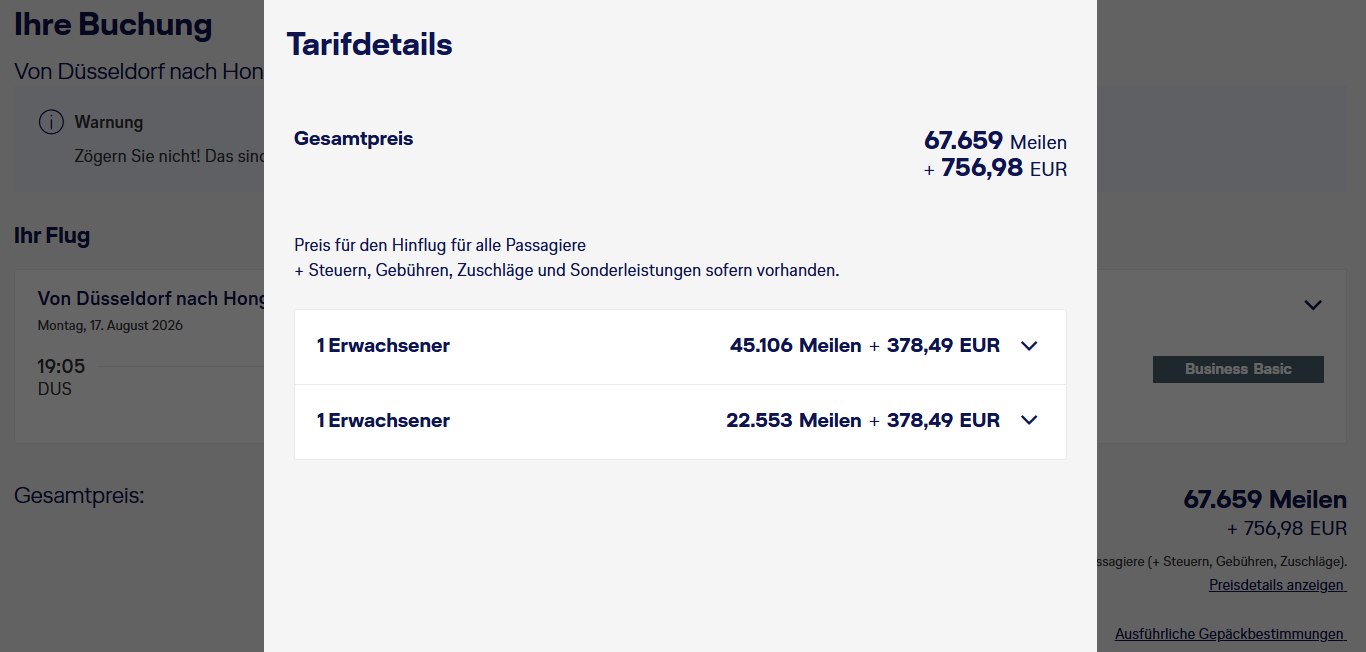 Award Flight DUS HKG Business Class Miles More Companion Aug