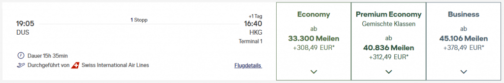 Award Flight DUS HKG Business Class Miles More LX