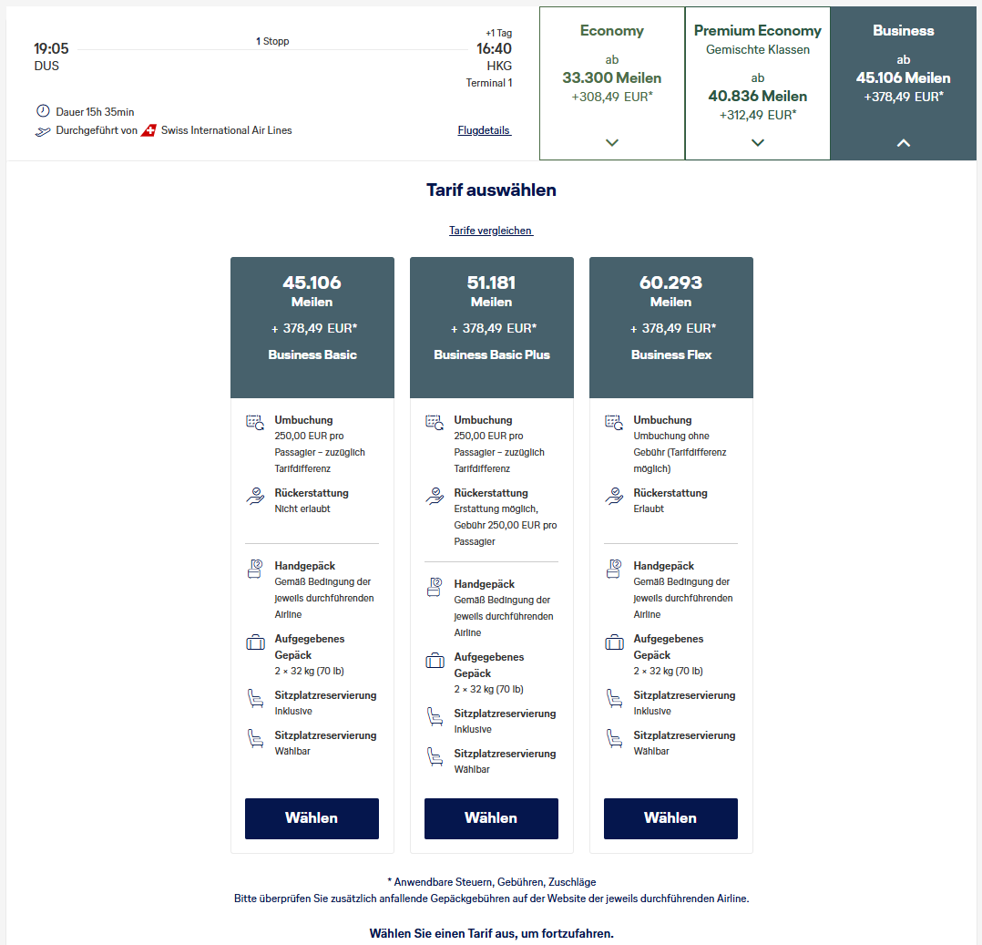 Award Flight DUS HKG Business Class Miles More Tarife Aug