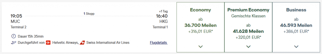 Award Flight MUC HKG Business Class Miles More SWISS 1