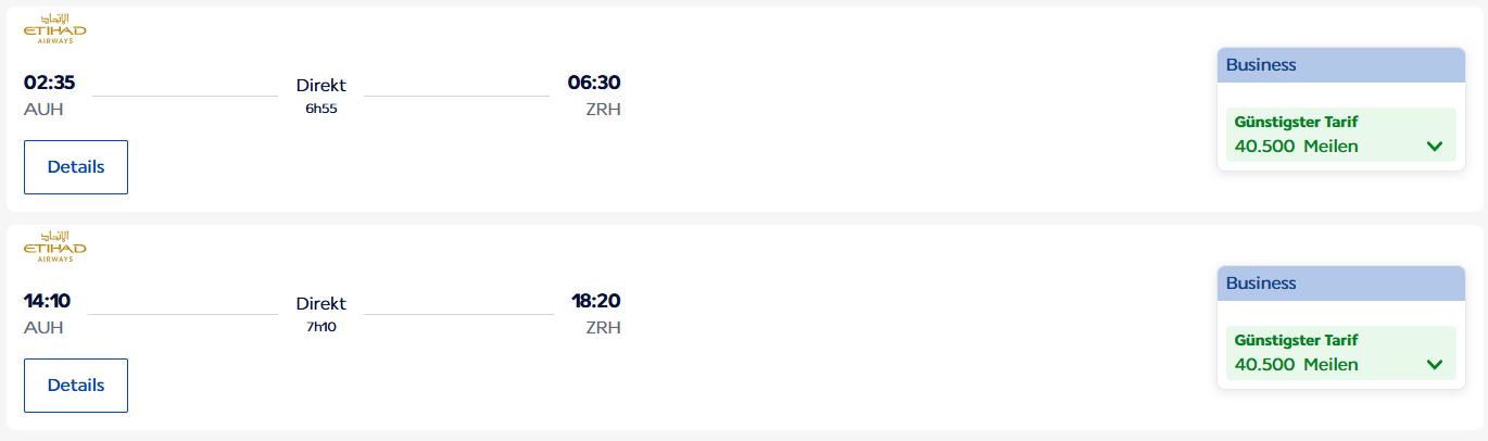 Flying Blue Award Flight AUH ZRH Business Class Etihad