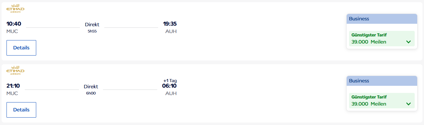 Flying Blue Award Flight MUC AUH Business Class Etihad